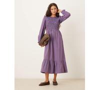 Neon Rose - Vestito a maniche lunghe con gonna al polpaccio a righe multicolore con arricciatura-Blu L