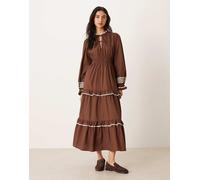 Neon Rose - Vestito al polpaccio a balze marrone accollato con laccetto-Blu navy S