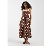 Neon Rose - Vestito al polpaccio marrone a pois con spalline e fiocco S
