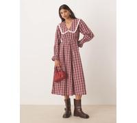 Neon Rose - Vestito con gonna al polpaccio a quadri bordeaux e rosa testurizzato con colletto-Rosso L
