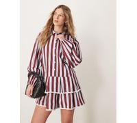 Neon Rose - Vestito corto a pieghe multicolore a righe con fondo allungato-Rosso XS