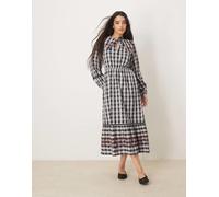 Neon Rose - Vestito grembiule con gonna al polpaccio e maniche a sbuffo grigio a quadretti S