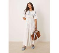Neon Rose - Vestito midi bianco ricamato con maniche a sbuffo 36