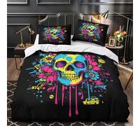 neon-skull-art Impressione 3D 3 pz coperteletto stile graffiti vibrante fodera per edredone microfibra zip antiacari per bambini adolescenti donne Single (135x200cm)
