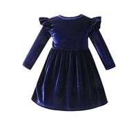 Neonata Velluto Vestito Vintage Bambini Ragazza Manica Lunga Altalena A-Line Principessa Autunno Inverno Abbigliamento per Festa di Natale Compleanno Sera Cocktail Casual Blu Marino 12-18 Mesi