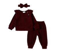 Neonati e ragazze blu e americani, colore chiaro, top a maniche lunghe con maniche volanti, pantaloni e copricapo, vestito a tre pezzi fascia bambina, Colore: rosso, 0-6 Monate