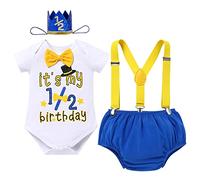 Neonato 12 Mezza Way to One Neonato Cake Smash Outfit Festa di Compleanno Bowtie Pagliaccetto Copertura Pannolino Pantaloni+YBack Bretelle + Cappello di Compleanno Set 4 Pezzi Vestiti Gentleman