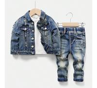 Neonato maschio, set da 2 pezzi, giacca di jeans vintage lavata in blu con risvolto, tagli e strappi carini, maniche lunghe, e jeans skinny blu ad alta elasticità, versatile per abbigliamento autunnal