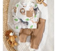 Neonato maschio, set di due pezzi composto da maglietta a maniche lunghe con stampa di dinosauro bianco e verde con taschino, e pantaloni verdi, stile casual sportivo, nuovo articolo, abbigliamento ne