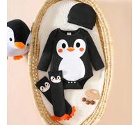 Neonato maschio, tuta con stampa di pinguino carino e cappellino, calzini, 3 pezzi, in tessuto morbido, adatto per foto e feste 6-9M,0-1M,1-3M,3-6MFumettoTessuto