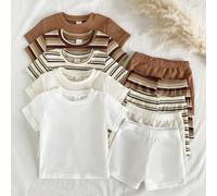 Neonato, un completo estivo da 10 pezzi in maglia a nido d'ape a righe, con t-shirt a maniche corte e girocollo abbinata a pantaloncini, con diverse combinazioni di colori come marrone caramello, bian