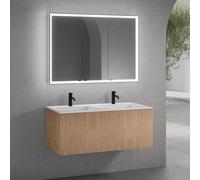 neoro n50 line mobile La: 120 cm con 1 scomparto estraibile, con frontale in rovere profilato, lavabo doppio con 2 fori rubinetteria bianco opaco, con armadietto a specchio n60, BN0098WM+BN0464BPO+BN0