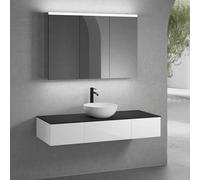 neoro n50 lunghezza mobile La: 140 cm con 3 estraibili, lavabo Ø 40 cm bianco opaco, con armadietto a specchio,, BN0064WM+BN0411WH+2#BN0410WH+BN0408BM+BN0475MI, n50 [Mobili da Bagno > Set Mobili da Ba