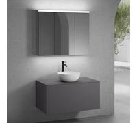 neoro n50 mobile La: 100 cm con 1 estraibile, lavabo Ø 40 cm bianco opaco, con armadietto a specchio per la Svizzera,, BN0064WM+BN0433GR+BN0403GR+BN0487MI, n50 [Mobili da Bagno > Set Mobili da Bagno]