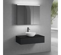 neoro n50 mobile La: 100 cm con 1 estraibile, lavabo Ø 45 cm bianco opaco, con armadietto a specchio,, BN0106WM+BN0413BM+BN0403C2+BN0474MI, n50 [Mobili da Bagno > Set Mobili da Bagno]