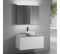 neoro n50 mobile La: 100 cm con 1 estraibile, lavabo Ø 45 cm bianco opaco, con armadietto a specchio,, BN0106WM+BN0433WM+BN0403C3+BN0474MI, n50 [Mobili da Bagno > Set Mobili da Bagno]