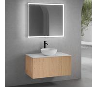 neoro n50 mobile La: 100 cm con 1 scomparto estraibile, con frontale in rovere liscio, lavabo Ø 40 cm bianco opaco, con armadietto a specchio n60, BN0064WM+BN0433BFO+BN0403C1+BN0493MI, n50 [Mobili da 