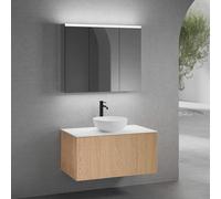 neoro n50 mobile La: 100 cm con 1 scomparto estraibile, con frontale in rovere liscio, lavabo Ø 40 cm bianco opaco, consolle bianco opaco, con armadietto a specchio, BN0064WM+BN0433BFO+BN0403WM+BN0474
