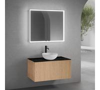 neoro n50 mobile La: 100 cm con 1 scomparto estraibile, con frontale in rovere liscio, lavabo Ø 40 cm bianco opaco, con armadietto a specchio n60 per la Svizzera, BN0064WM+BN0433BFO+BN0403C2+BN0501MI,