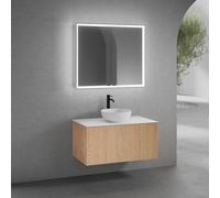 neoro n50 mobile La: 100 cm con 1 scomparto estraibile, con frontale in rovere liscio, lavabo Ø 40 cm bianco opaco, consolle bianco opaco, con armadietto a specchio n60, BN0064WM+BN0433BFO+BN0403WM+BN