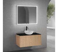 neoro n50 mobile La: 100 cm con 1 scomparto estraibile, con frontale in rovere liscio, lavabo Ø 45 cm bianco opaco, con armadietto a specchio n60 per la Svizzera, BN0106WM+BN0433BFO+BN0403C2+BN0501MI,