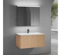 neoro n50 mobile La: 100 cm con 1 scomparto estraibile, con frontale in rovere liscio, lavabo con 1 foro rubinetteria bianco opaco, con armadietto a specchio, BN0096WM+BN0433BFO+BN0474MI, n50 [Mobili 
