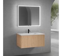 neoro n50 mobile La: 100 cm con 1 scomparto estraibile, con frontale in rovere liscio, lavabo con 1 foro rubinetteria bianco opaco, con armadietto a specchio n60, BN0096WM+BN0433BFO+BN0493MI, n50 [Mob