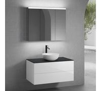 neoro n50 mobile La: 100 cm con 2 estraibili, lavabo Ø 45 cm bianco opaco, con armadietto a specchio per la Svizzera,, BN0106WM+BN0423WH+BN0403BM+BN0487MI, n50 [Mobili da Bagno > Set Mobili da Bagno]