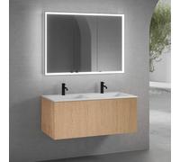neoro n50 mobile La: 120 cm con 1 scomparto estraibile, con frontale in rovere liscio, lavabo doppio con 2 fori rubinetteria bianco opaco, con armadietto a specchio n60, BN0098WM+BN0434BFO+BN0494MI, n