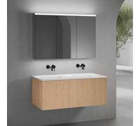 neoro n50 mobile La: 120 cm con 1 scomparto estraibile, con frontale in rovere liscio, lavabo doppio senza fori rubinetteria bianco opaco, con armadietto a specchio, BN0099WM+BN0434BFO+BN0475MI, n50 [