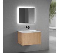 neoro n50 mobile La: 80 cm con 1 scomparto estraibile, con frontale in rovere liscio, lavabo senza fori rubinetteria bianco opaco, con specchio, BN0095WM+BN0432BFO+BN0015MI, n50 [Mobili da Bagno > Set