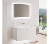 neoro n50 stripes mobile La: 100 cm con 1 scomparto estraibile, bianco caldo profilato, con specchio, lavabo cube, BN0149WM+BN0493BWM+BN0028MI, n50 [Mobili da Bagno > Set Mobili da Bagno]