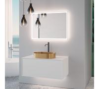 neoro n60 mobile La: 100 cm con 1 scomparto estraibile, lavabo oro spazzolato, con specchio illuminato, BN0737BG+BN0756WM+BN0028MI, n60 [Mobili da Bagno > Set Mobili da Bagno]