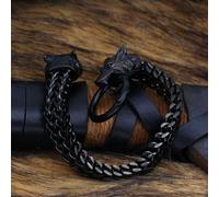 (Nero -21 cm) Bracciale con testa di lupo vichingo vintage in oro nero e acciaio inossidabile alla moda