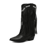 Nero,41,Stivali Alti da Cowboy da Donna, Stivali da Cowgirl alla Moda con Punta Quadrata e Frange, Stivali Western Alti Fino al Ginocchio, Caldi e di Grandi Dimensioni