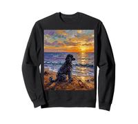 Nero Barboncino Cane sulla Spiaggia al Tramonto Opera d'Arte Felpa