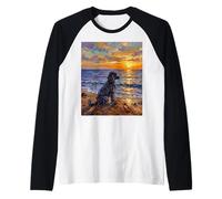Nero Barboncino Cane sulla Spiaggia al Tramonto Opera d'Arte Maglia con Maniche Raglan