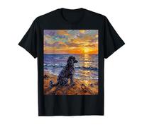 Nero Barboncino Cane sulla Spiaggia al Tramonto Opera d'Arte Maglietta