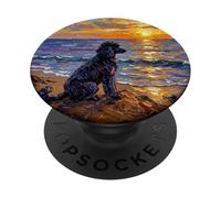 Nero barboncino cane sulla spiaggia al tramonto opera d'arte PopSockets PopGrip Adesivo