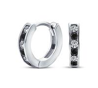 Nero bianco alternato Cubic Zirconia CZ Channel Set piccoli orecchini a cerchio Huggie per le donne uomini .925 Sterling Silver