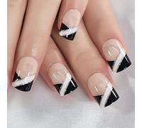 Nero Bianco Argento Linea Unico Francese Breve Medio Squoval Press On Nails Salone Di Cura Di Bellezza Professionale Unghie Finte 24
