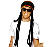 Nero Bob Marley Parrucca Reggae Rasta Capelli + Cappello Adulti Accessorio