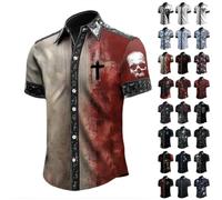 Nero Camicia Uomo Maniche Corte Halloween Camicia con Stampa Teschio Croce e Rose Slim Fit Horror Maglietta con Risvolto Bottoni Camicia Gotico Divertente per Carnevale Cosplay Feste S-3xl Lune Viola