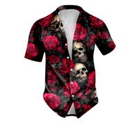 Nero Camicia Uomo Maniche Corte Halloween Camicia con Stampa Teschio Croce e Rose Slim Fit Horror Maglietta con Risvolto Bottoni Camicia Gotico Divertente per Carnevale Cosplay Feste S-3xl Lune Viola