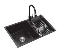 Nero, con Predisposiziper Rubinetto a Tirante, Lavabo a Doppia Vasca Profonda in Acciaio Inox 304, Installazia Incasso o Sottotop./72 * 40 cm