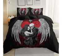 Nero Copripiumino 240 x 260 cm, Oscuro Misterioso Teschio Ali D'Angelo Stampato Set Letto Matrimoniale Anallergico Completo in Microfibra con Cerniera - 1 Copripiumini + 2 Federa 50 x 75 cm