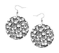 Nero E Bianco Teschi Modello Stampa Piercing Rotondo Orecchini In Pelle Set 1 Paio di Eleganti Orecchini In Pelle Penzolare Cerchio Per Le Donne Gioielli Regali, One Size, Poliestere