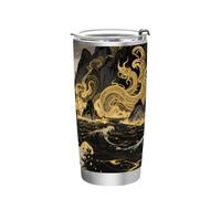 Nero e Oro Onde Tazza in Acciaio Inox per gli uomini Coperchio a prova di perdite Tazza da viaggio per caffè semplicemente moderno bicchiere isolato 20 once