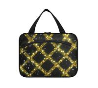 Nero e oro paillettes motivo a scacchi appeso grande capacità cosmetico da viaggio con gancio, borsa pieghevole di design per il trucco per le donne must have viaggio Bolsa de maquillaje para Mujer