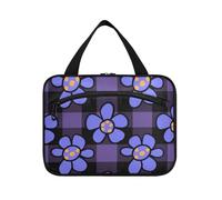 Nero e Viola Motivo A Scacchi Fiori Blu Hanging Kit da Toiletry per gli Uomini con Gancio, Designer Multifunzionale Sacchetto Cosmetico per la mamma Camping kit de viaje para Mujer, Fiori blu con